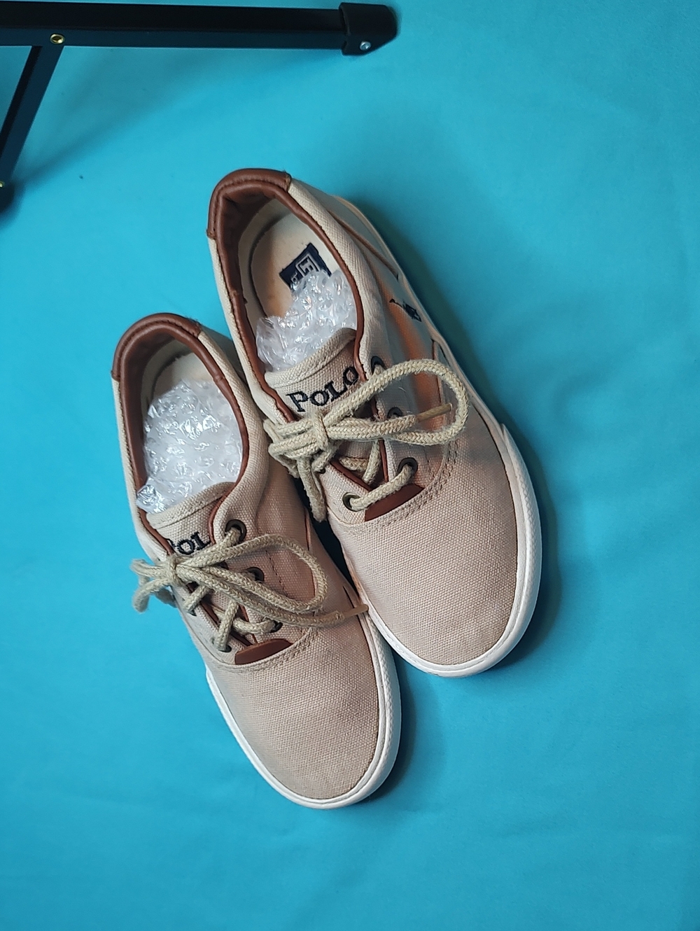 Kids Sz 1 Polo Ralph Lauren Beige Canvas Sneakers Brown Leather Trim
